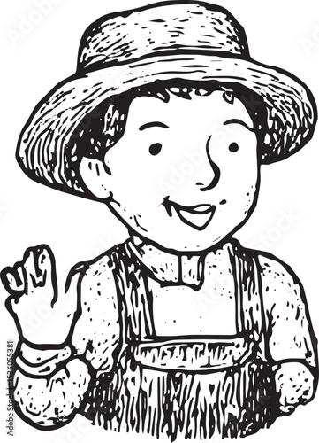 A joyful black-and-white sketch of a young farmer in a hat and overalls waving, embodying rural cheer and agricultural spirit in a farmer activity illustration