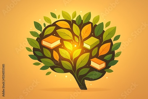 Digital illustration concept: human brain made of blooming leaves and books, glowing in warm light, symbolizing knowledge and growth – abstract, clean vector style. Generative AI
