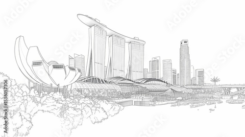 Detailed sketch of singapore's skyline.