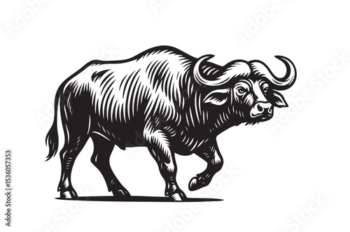 Bold monochrome vector of an African buffalo in side view. Detailed woodcut style, ideal for logos, prints, or engraving use on white background. Wildlife Animals.