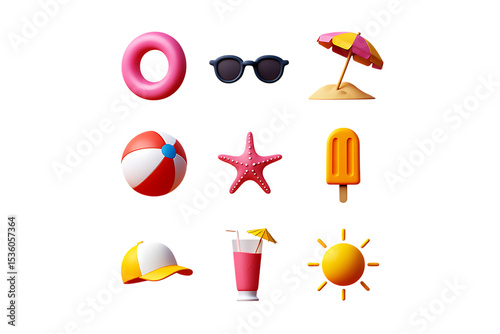 Summer Vacation Icons Beach Ball, Sunglasses, Inflatable Ring, Popsicle, Starfish, Hat, Cocktail, Umbrella, Sun, 3D Render