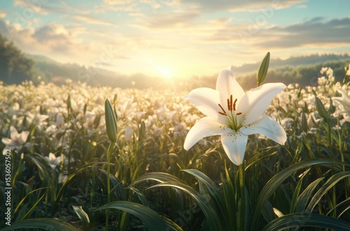 White lily in a sun-kissed field