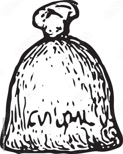 A detailed black-and-white sketch of a burlap sack, symbolizing farm storage and harvest, adding rustic charm to a farmer activity illustration