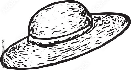 A charming black-and-white sketch of a wide-brimmed farmer's hat, symbolizing rural life and agricultural tradition in a detailed farmer activity illustration