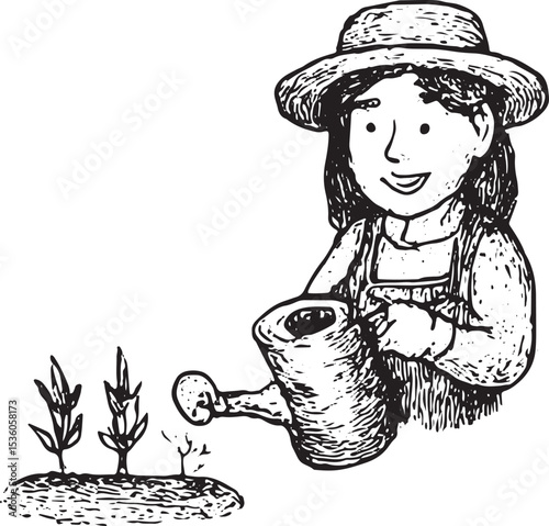 A farmer watering plants with a can, illustrated in black and white, depicting care and growth in a rural farmer activity scene