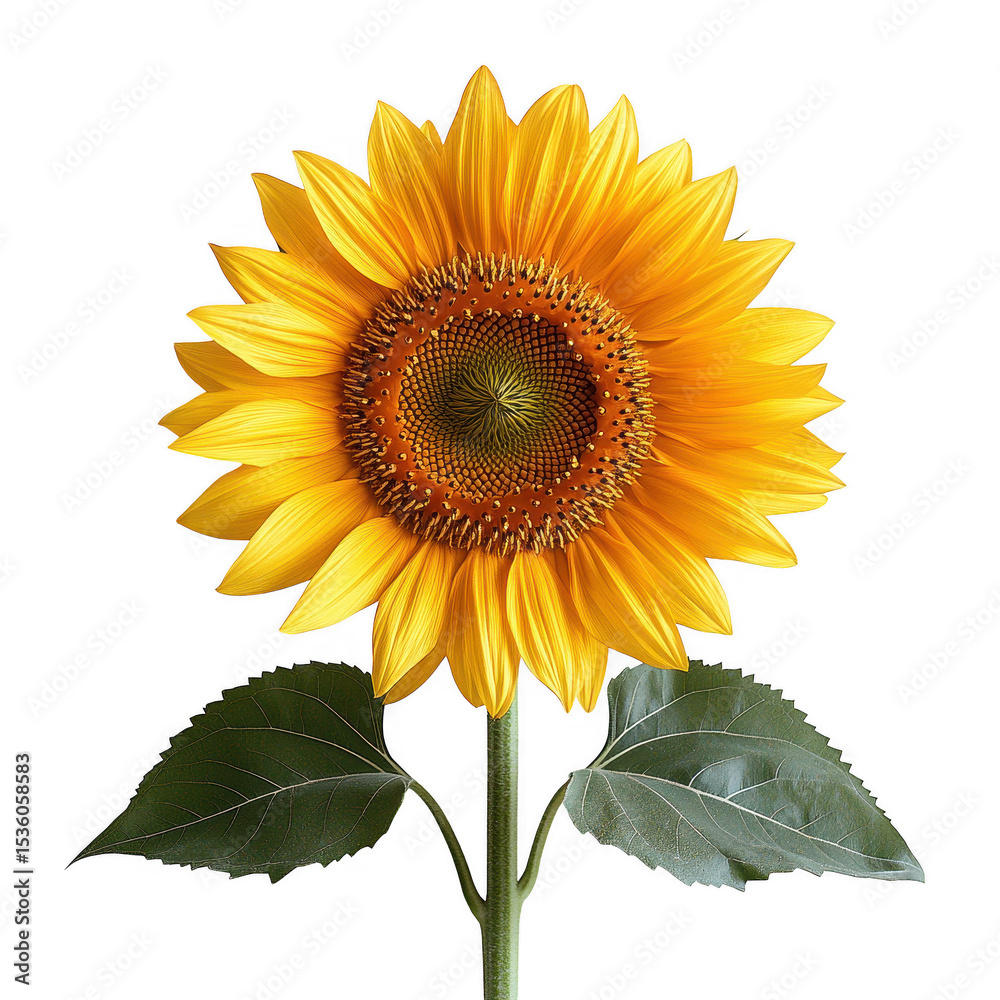 Obraz premium Isolated sunflower blossom bright yellow petals flower bloom plant seeds leaves black background close up photo on transparent background