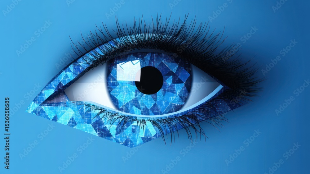 Naklejka premium Close-up of a stylized blue eye with intricate digital patterns.