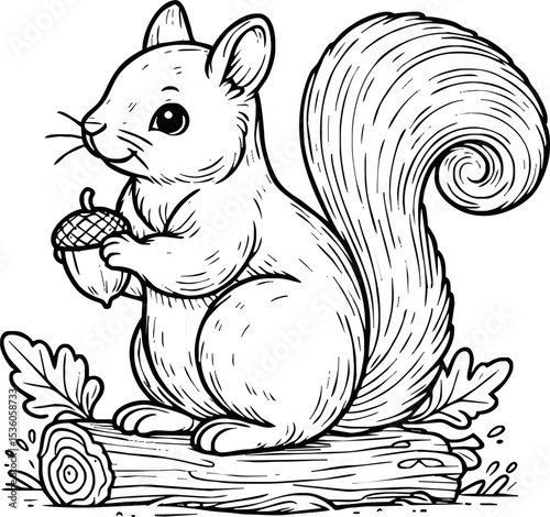 Coloring book Squirrel holding an acorn on white background printable outline vector illustration
