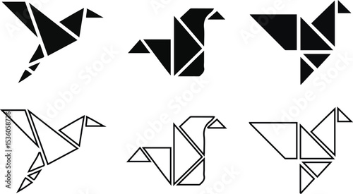 Origami Bird Icon Set. and Outline Designs vector illustration.