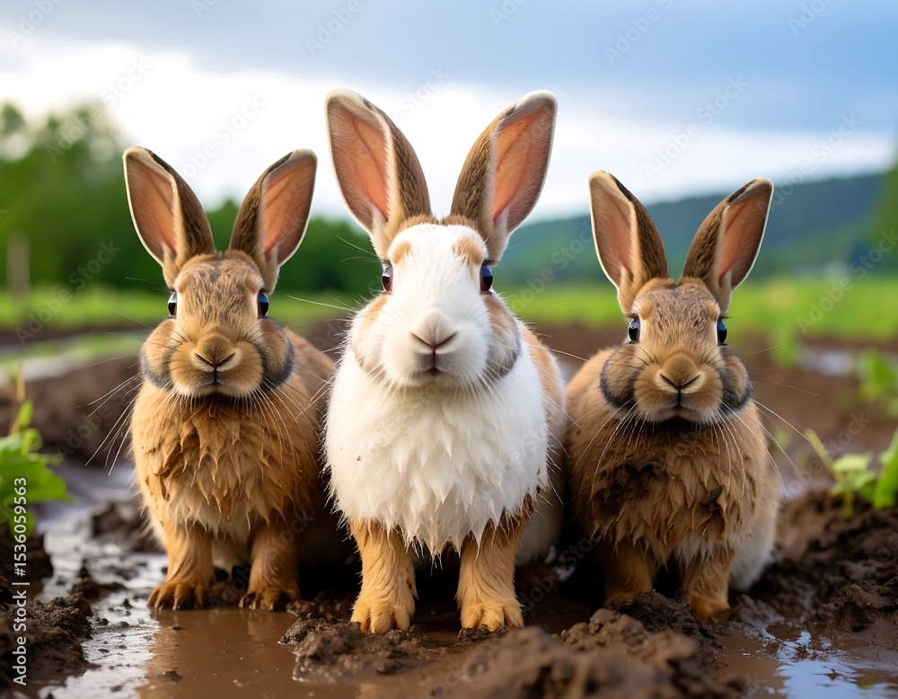 Fototapeta premium Three rabbits in a muddy field