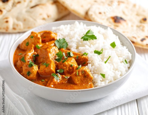 Creamy chicken curry with rice and naan