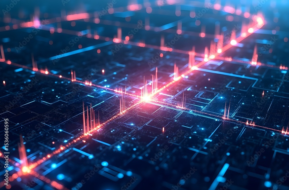 Fototapeta premium Futuristic glowing grid background with neon red and blue lines representing digital data flow across abstract technology circuit network
