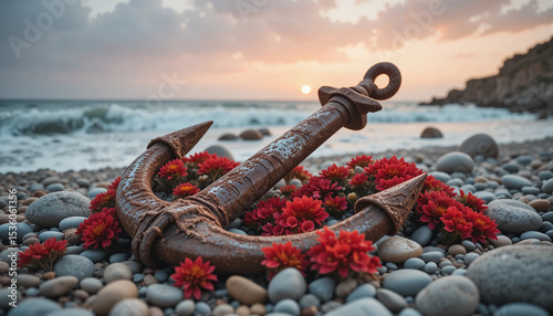 light waves with foam, a huge old rusty anchor lies in the embrace of unusual crimson flowers and stones, red dawn, artistic photograph
