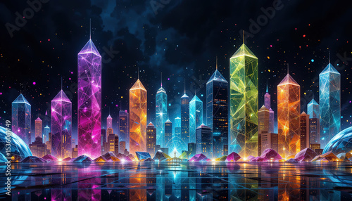A vibrant cityscape with colorful, crystal like neon-lit skyscrapers