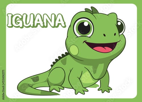 Cute little iguana  happy smile cartoon illustration.