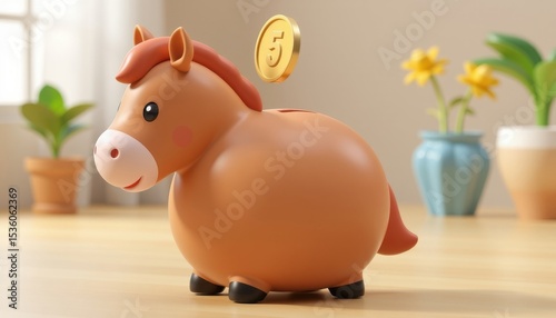 cute chubby horse shaped coin bank, fully designed as a cartoon horse, round plump body like a saving bank, no pig features, no pig nose, with clearly visible coin slot on top of the back
