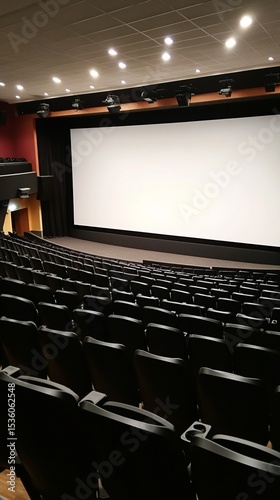 Spacious, modern cinema hall featuring empty rows of seats and a large projection screen ready for an engaging movie experience, perfect for film enthusiasts and gatherings.