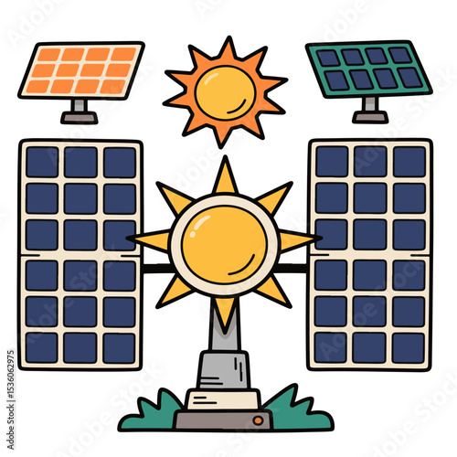 Solar panels vector arranged around a central sun graphic, illustrating renewable energy.