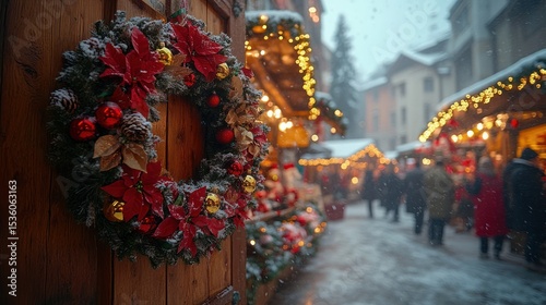 Christmas wreath on wooden door, snowy market
