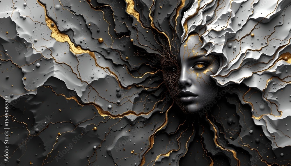 Obraz premium high quality, puter generated abstract intensity map in black and white, subject positioned on the right side, under golden reflections, with clear copy space on the left