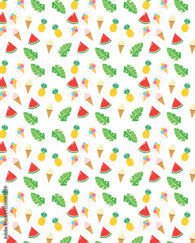 Seamless vector pattern of tropical leaves, colorful ice cream cones, pineapples, and watermelon slices. Perfect for kids, summer products, and fun textile designs