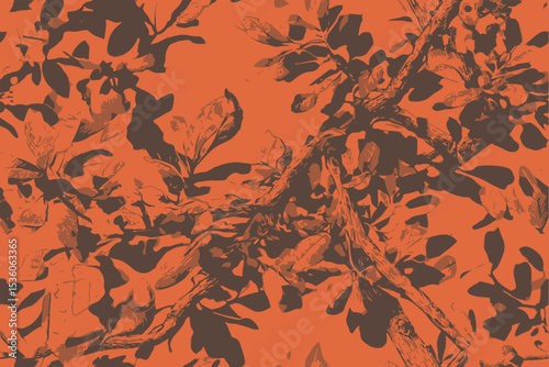 Real tree branches with leaves on Orange background. The design is good for hunting and military purpose. Seamless Pattern, Vector Illustration