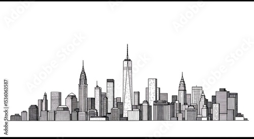 City Skyline Sketch with Skyscrapers on White Background