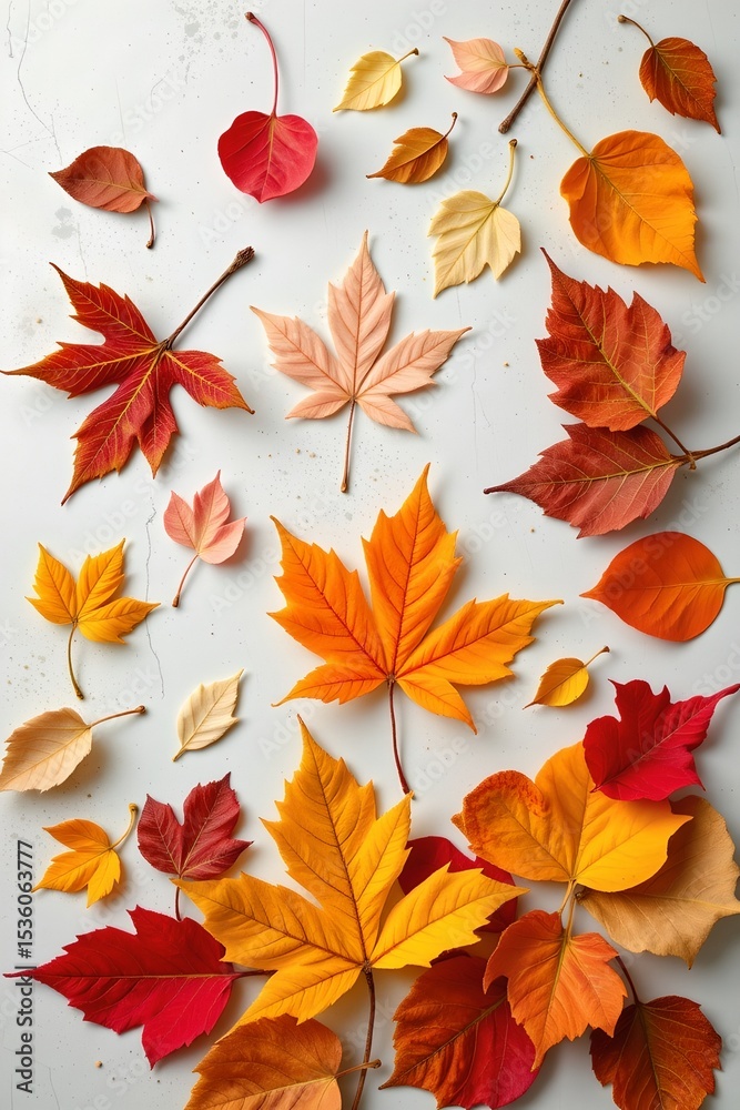 Obraz premium high quality, colorful autumn leaves creatively arranged in a flat lay, capturing the essence of the season