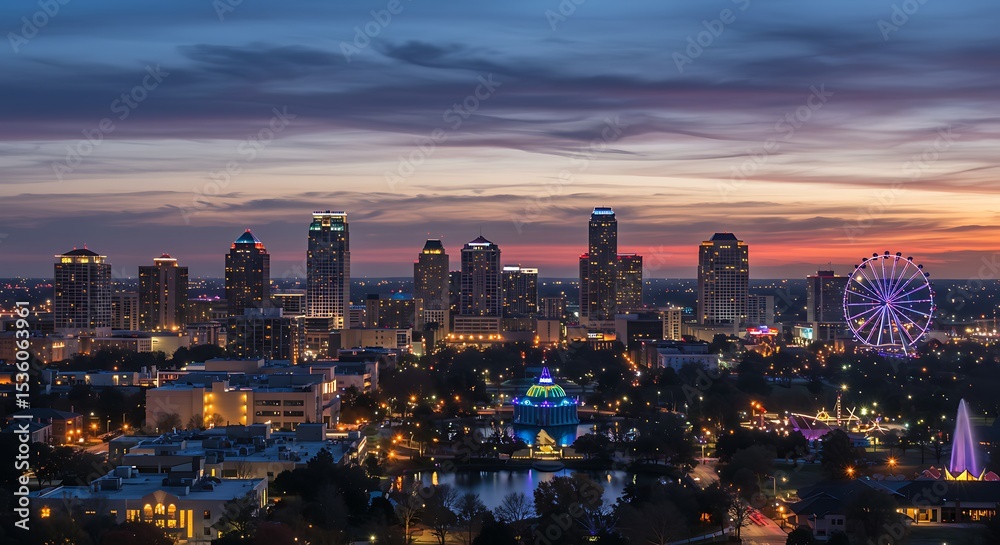 Fototapeta premium City Skyline at Dusk with Ferris Wheel and Colorful Sky