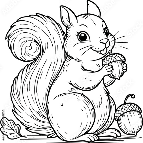 Coloring book Squirrel holding an acorn on white background printable outline vector illustration