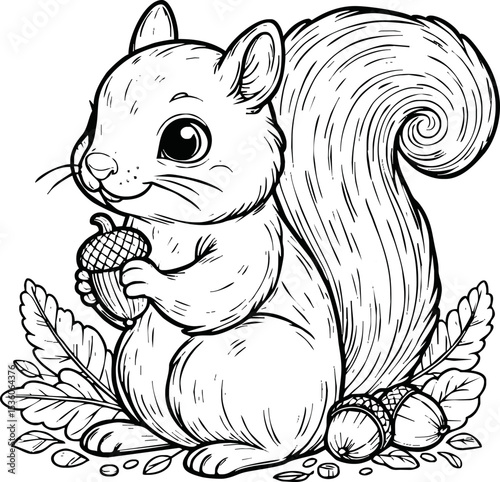 Coloring book Squirrel holding an acorn on white background printable outline vector illustration