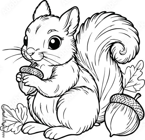 Coloring book Squirrel holding an acorn on white background printable outline vector illustration