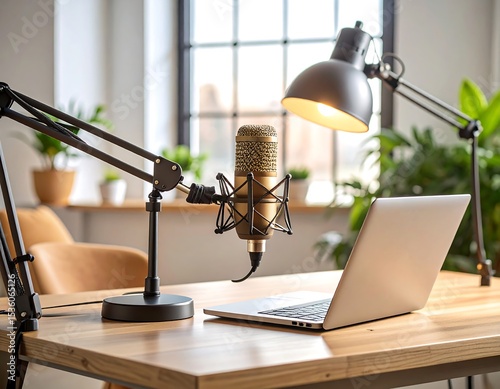 Modern home office setup with microphone and laptop