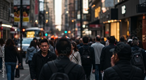 Crowd on City Street with Buildings and Traffic