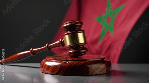 A golden Jatobá gavel sits elegantly on a sound block, with Morocco’s flag waving behind in warm tropical light, symbolizing law, justice, and culture