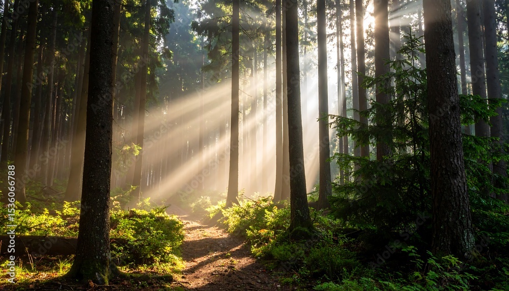 Fototapeta premium Sunbeams through a misty forest