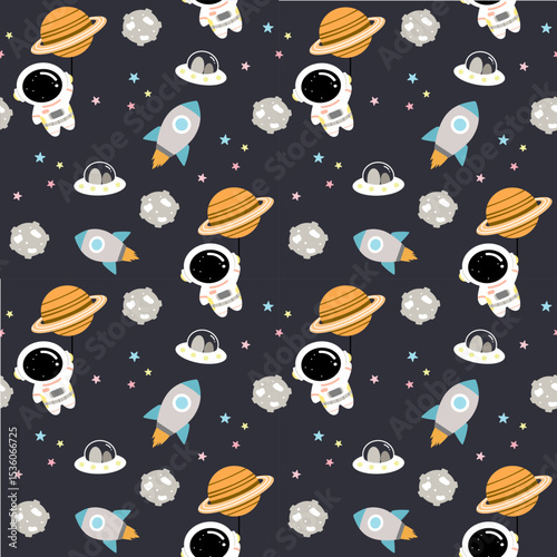 Seamless Space Pattern with Cute Astronauts, Rockets, Planets, and UFOs – Vector Background for Kids