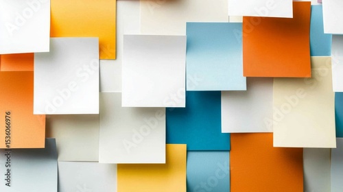 Colored paper pieces overlap creating an abstract layered background.