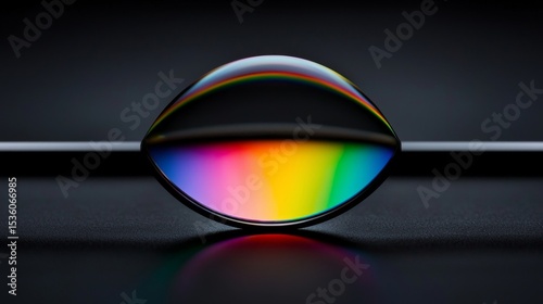Optical lens showing a spectrum of colorful light on a dark background