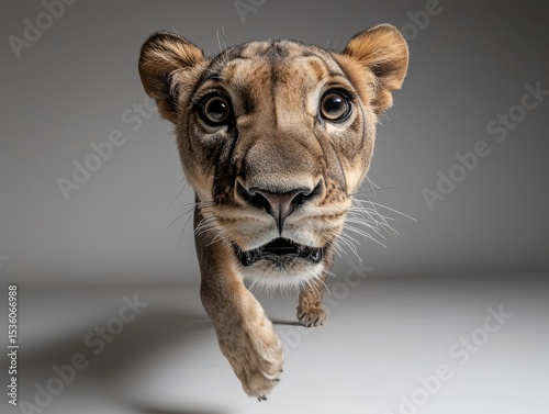 Young lion cub walks forward in a studio setting