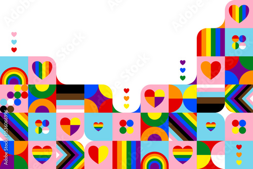 Pride month background. Abstract pride festival. Colorful pride pattern. Celebrate equality, people, loves, heart and lgbtq. Fun design with elements. Wallpaper, banner, poster, postcard, rainbow.