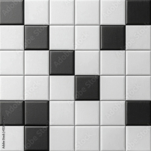 Black and white textured tiles arranged in a checkered pattern create a geometric background