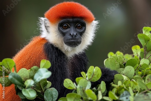 Red colobus monkey looking directly at the camera from a leafy branch
