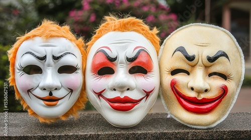 Three colorful theatrical masks are lined up together.