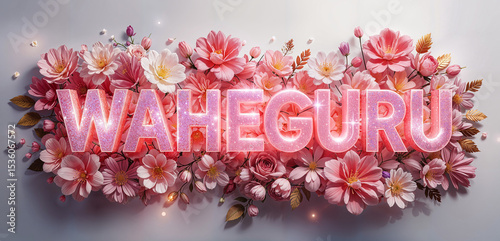 Flower 3d logo of Waheguru, Glowing Pink and white Flowers