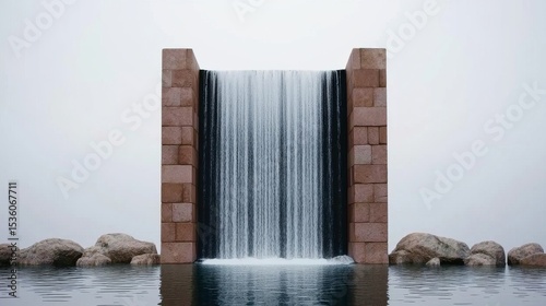 Modern stone waterfall flows into a calm water pool with surrounding rocks.