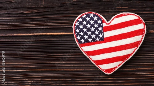 Heart shape object with american flag pattern rests on dark wooden background.