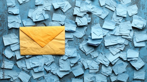 An envelope surrounded by crumpled paper pieces lies on a blue textured surface.