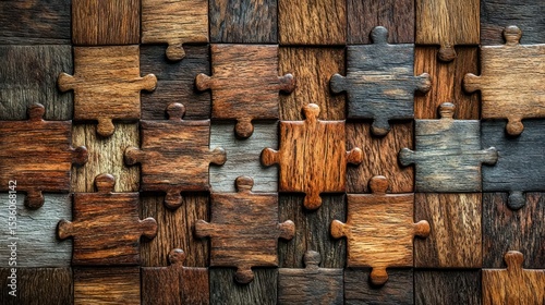 A large grid of interlocking wooden puzzle pieces, various shades of brown and gray