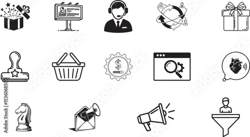 Marketing Icons for Email Campaigns, Customer Support, Loyalty Programs, Digital Ads, Business Funnels

